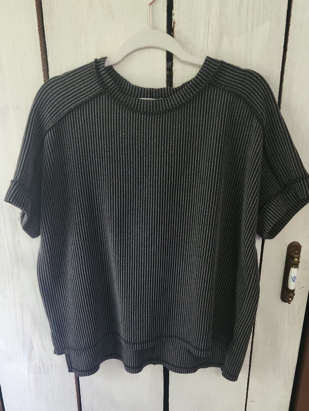 Zenana Black Corded Cuffed Sleeve Exposed Seams Top Size S/M